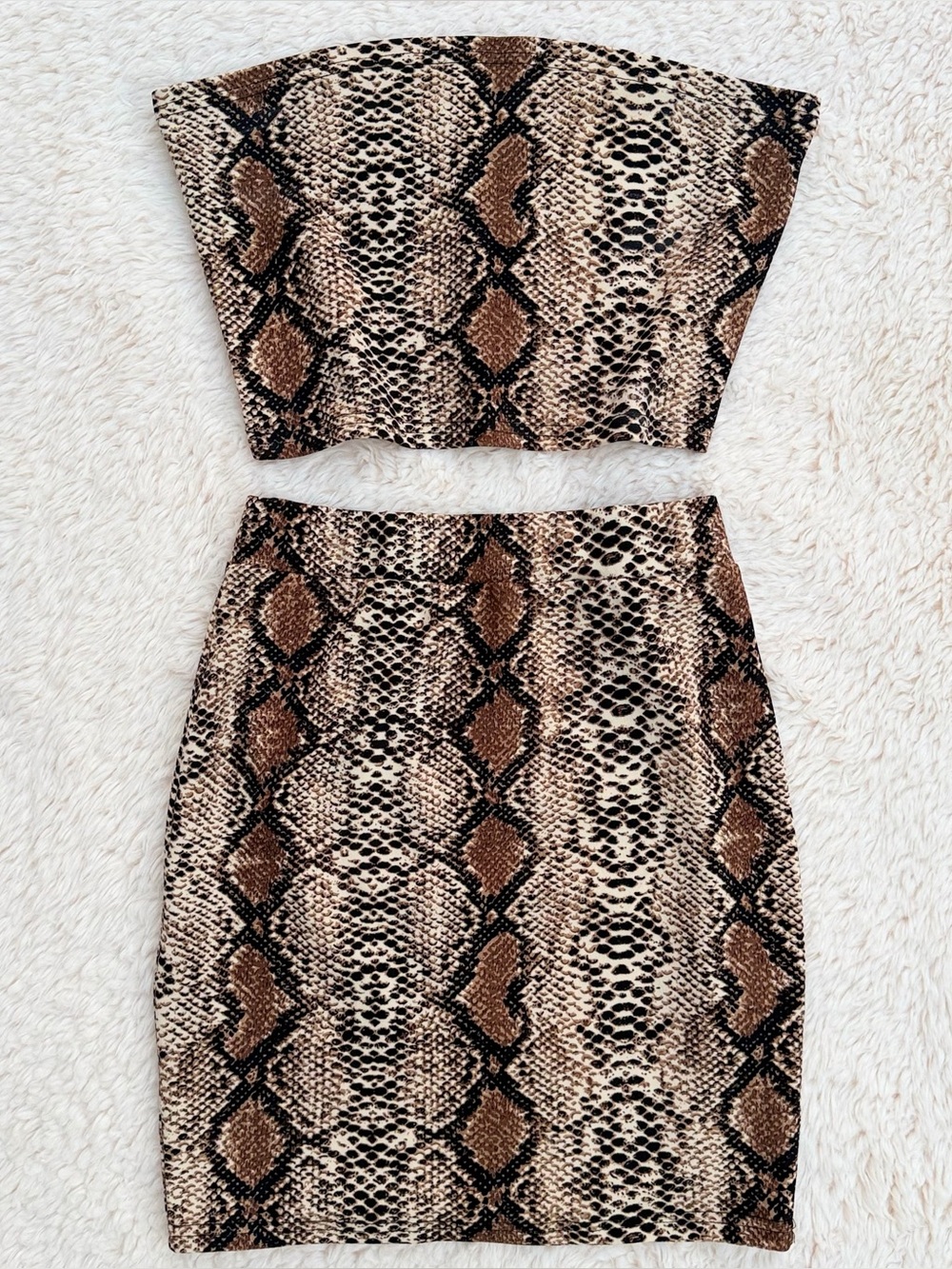 Snakeskin Print 2-Piece Outfit Set Tube Top Bandeau Bodycon Mini Skirt Women’s S